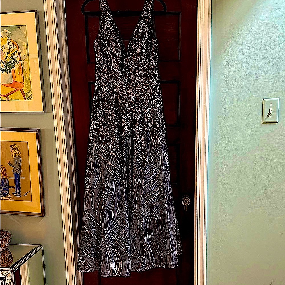 Elegant Jovani gray and Silver Evening Dress